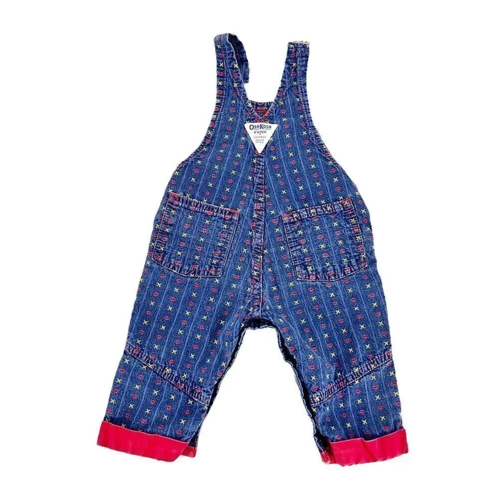 Vtg 80s Oshkosh Vestbak 3/6 Months Blue Denim XO Embroidered Cotton Overalls USA